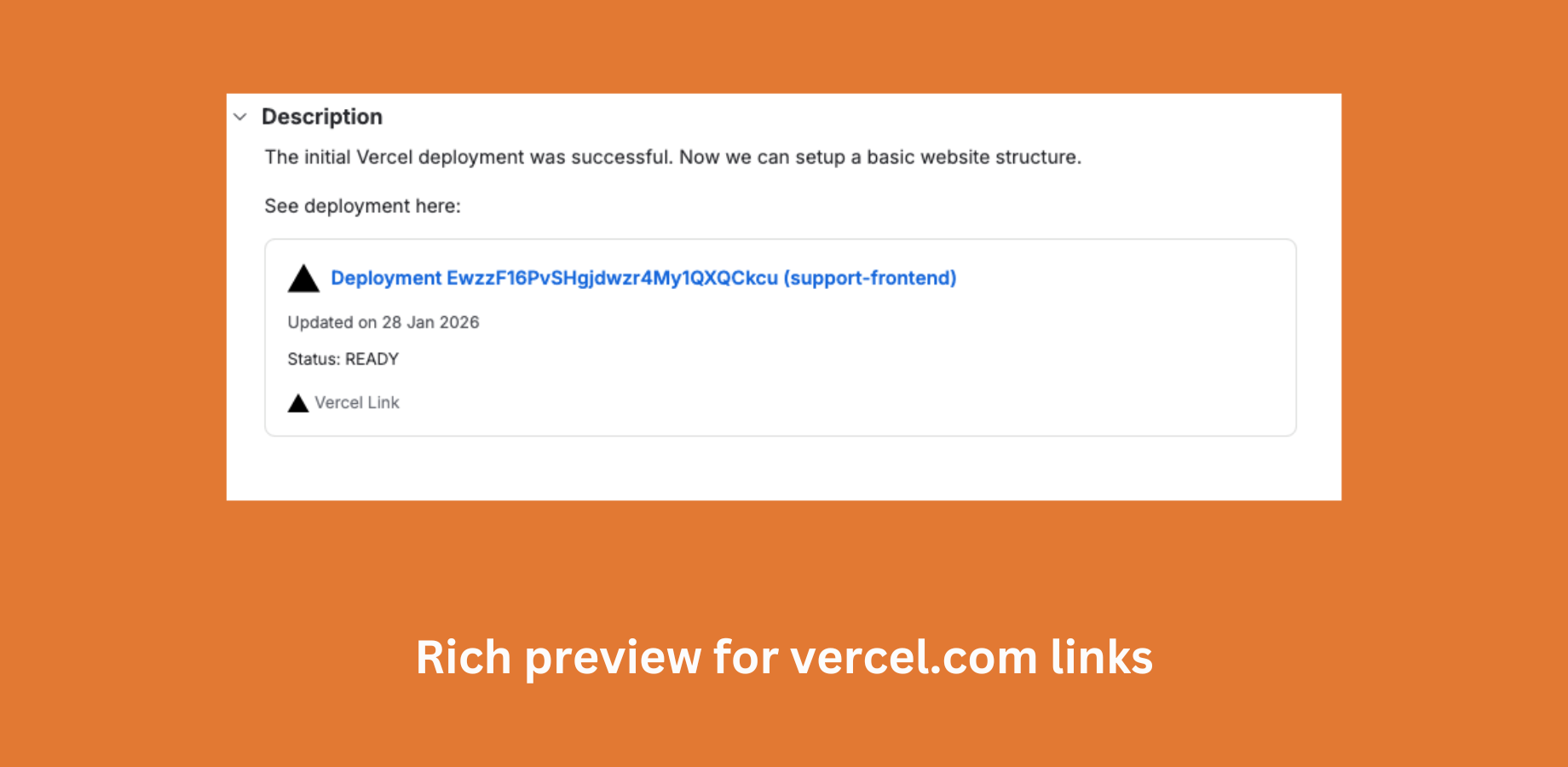 A Vercel deployment URL rendered as a Smart Link inside a Jira issue, showing rich inline preview information.