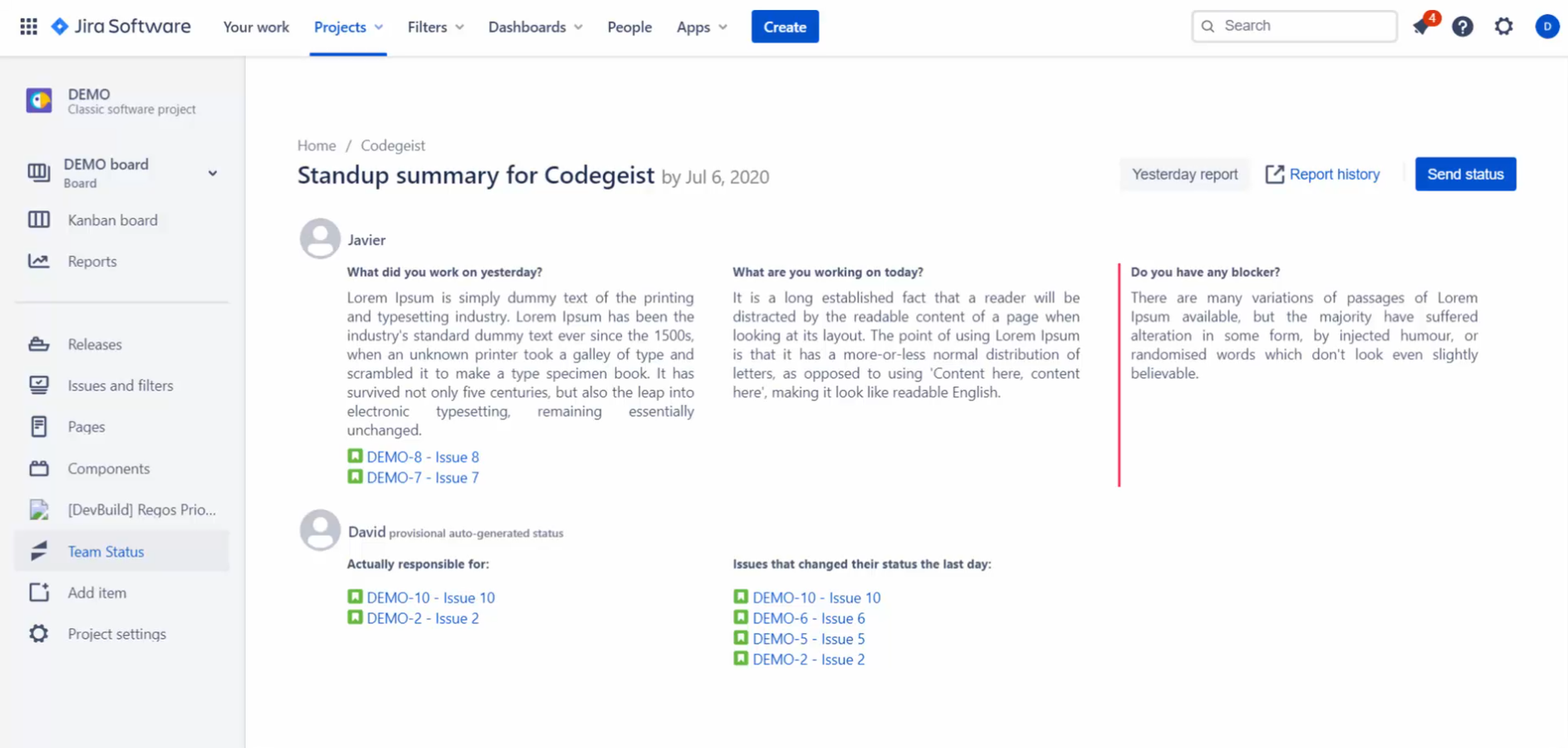 Team status summary for a particular project