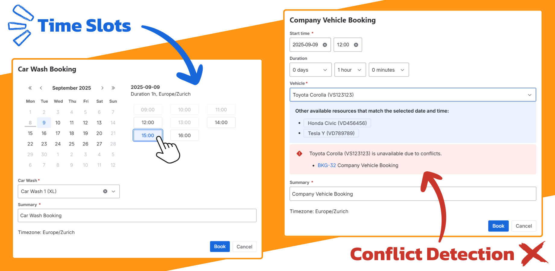 Booking screen with suggestions and automated conflict detection
