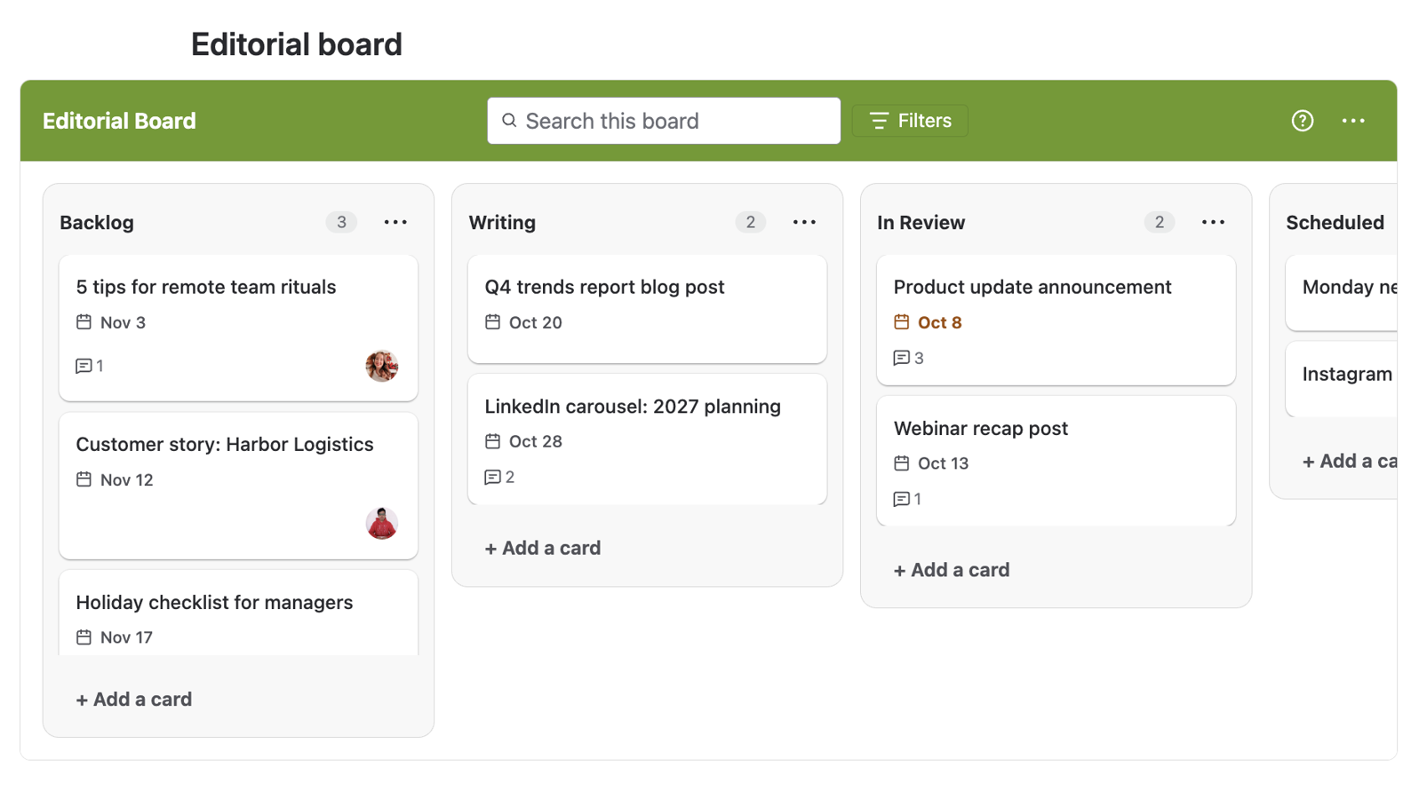 Manage projects, approvals, marketing campaigns, HR processes, content calendars, and to-do lists with customizable boards.