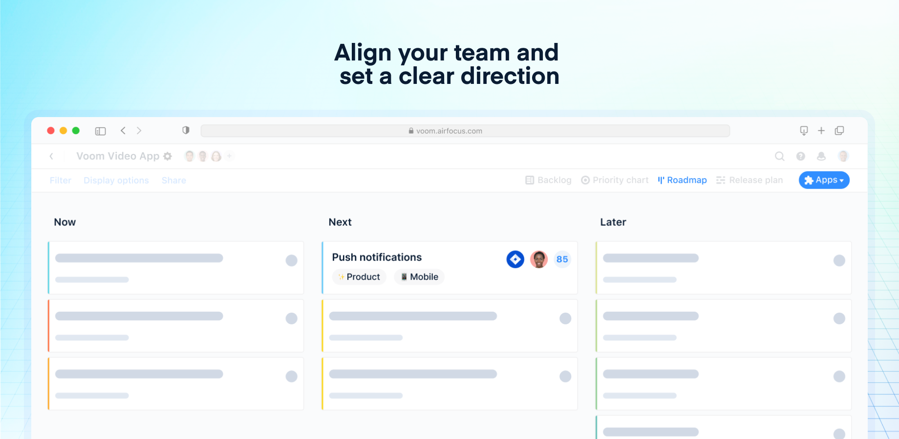 airfocus board view showing lean roadmap.