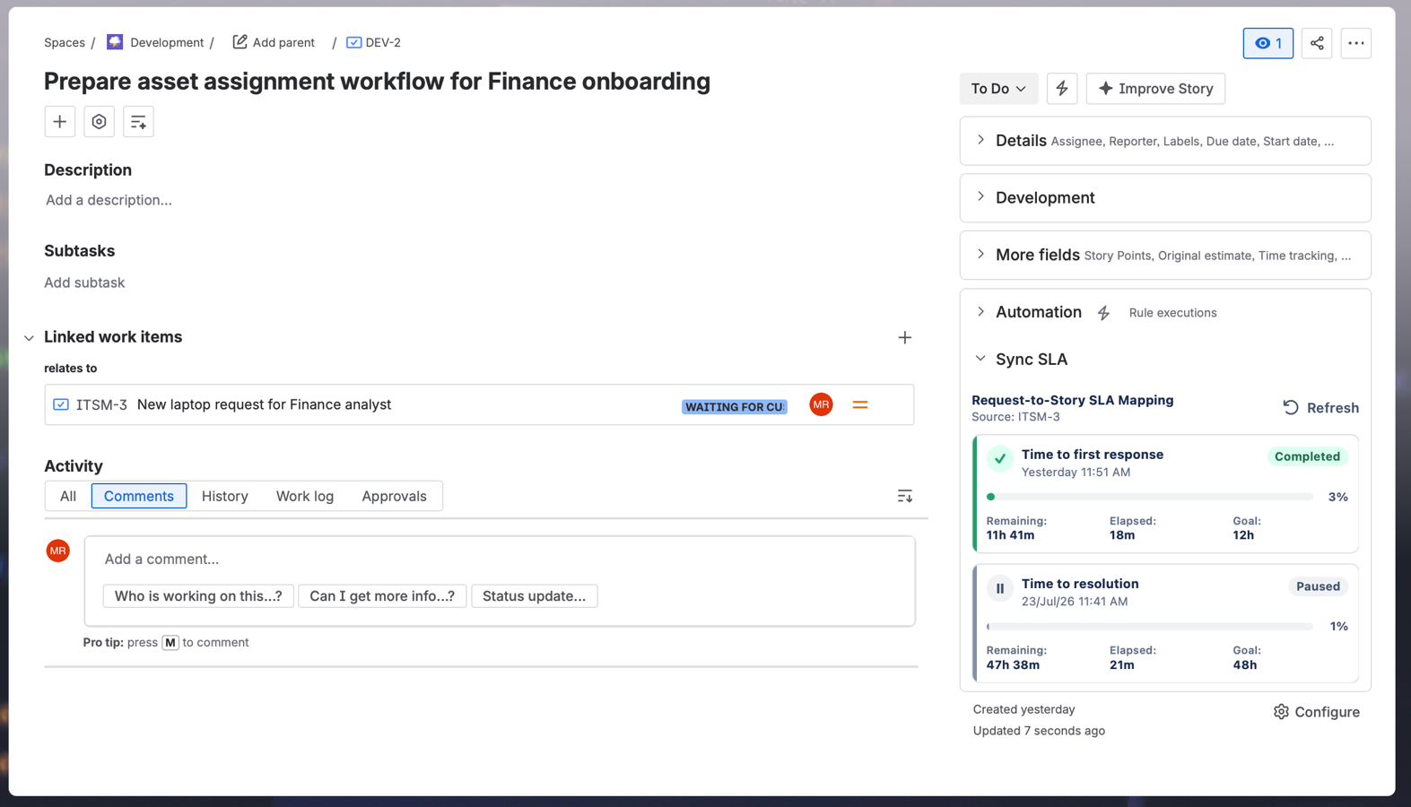 SLA data from a linked Jira Service Management request displayed directly on a Jira Software issue.