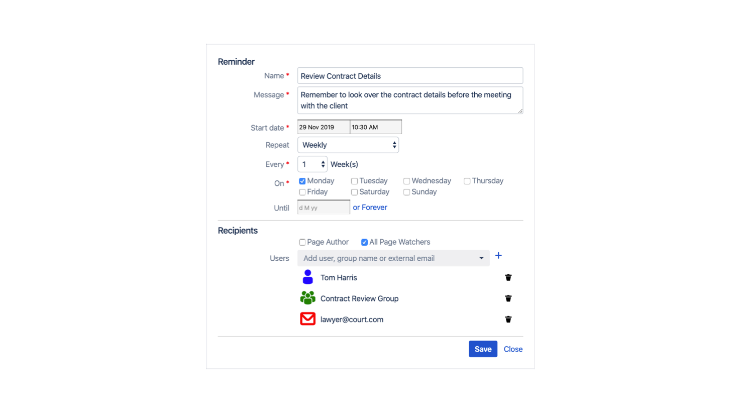 Send a custom message to let users know what they are being reminded about.

Schedule reminders for when you need them.