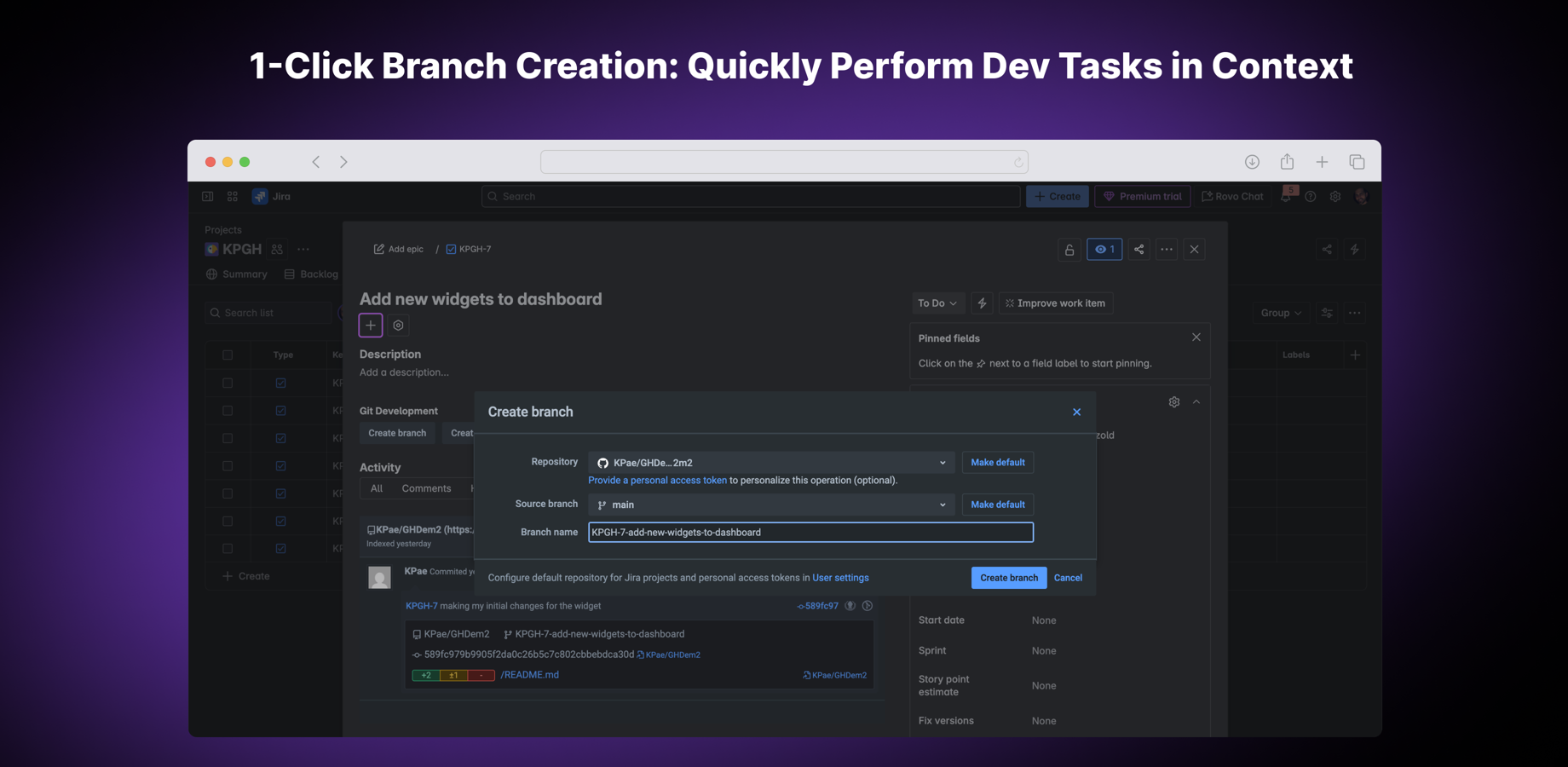Developers can operate within the Jira ticket, creating branches or pull requests, viewing source code, and using deeplinks to get back to Git or their IDE.