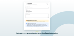 The Set work item selection action inside an automation rule: choose the Work Item Selector field, then replace, add to, remove from or clear it using work item keys or smart values.