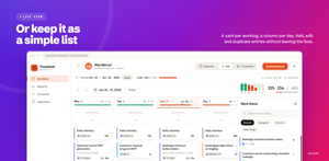 List view gives each day a column and each worklog a card with issue key, description and duration. Day headers show logged against target hours; the + button adds an entry in place.