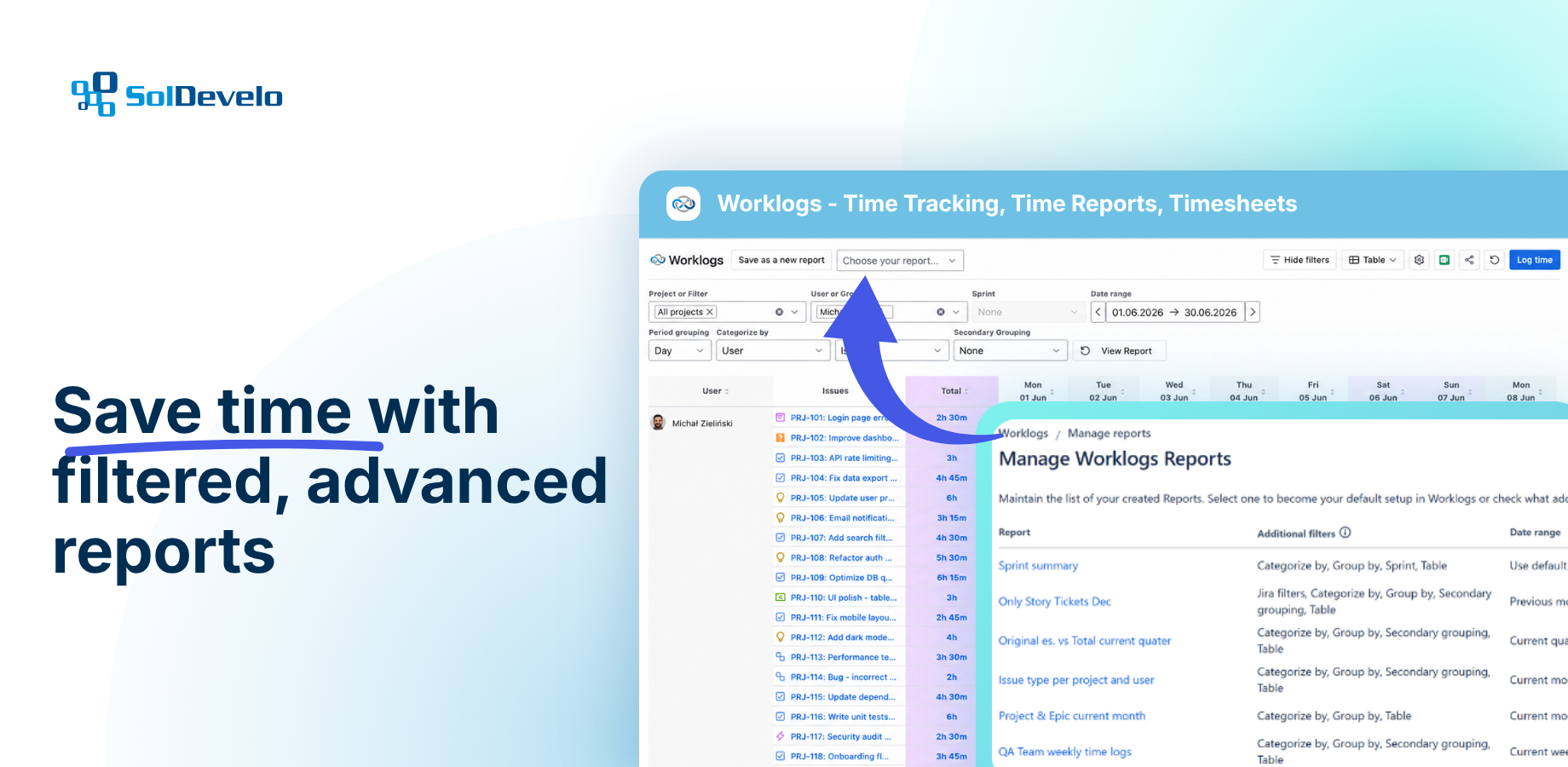 Worklogs give you possibility to filter your time tracking data based on jira native and your own custom fields and filters.