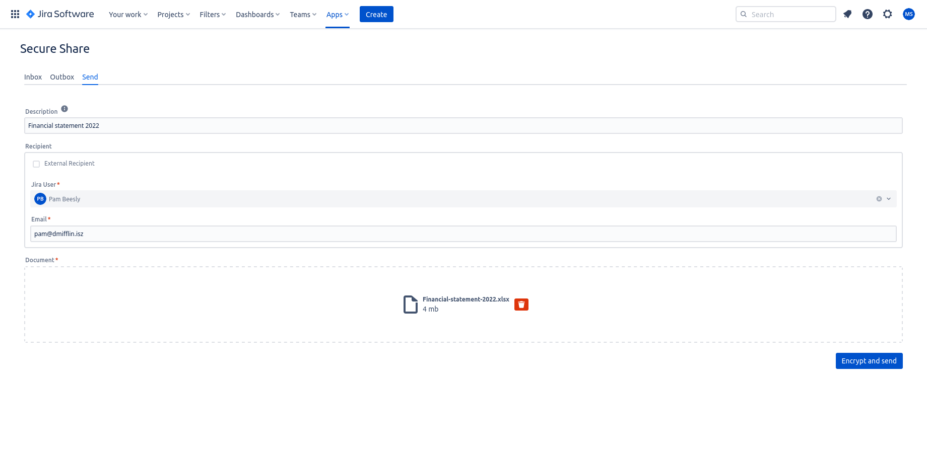 Documents can be shared with users in your organization as well as externally.

Documents are end-to-end encrypted, when shared and thus. This ensures the data is only accessible to the recipient.