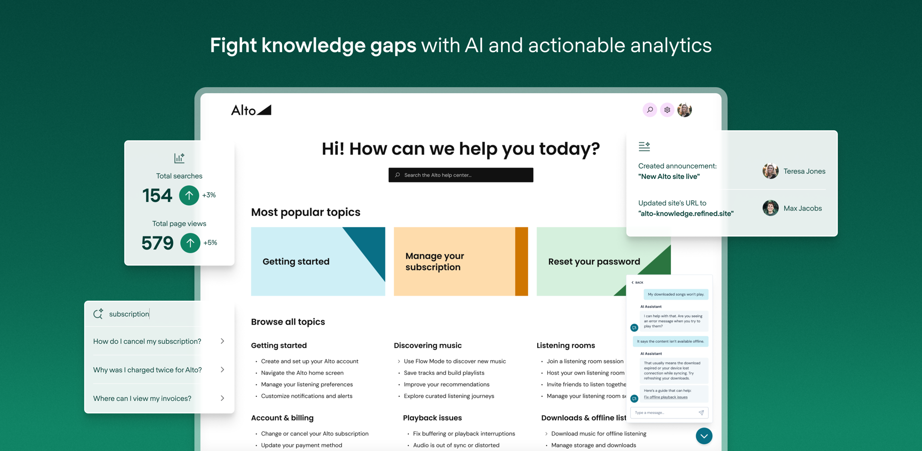 Find and fix content gaps before they become tickets. AI-powered discovery & summaries turn complex content into digestible, action-ready insights that keep users moving.