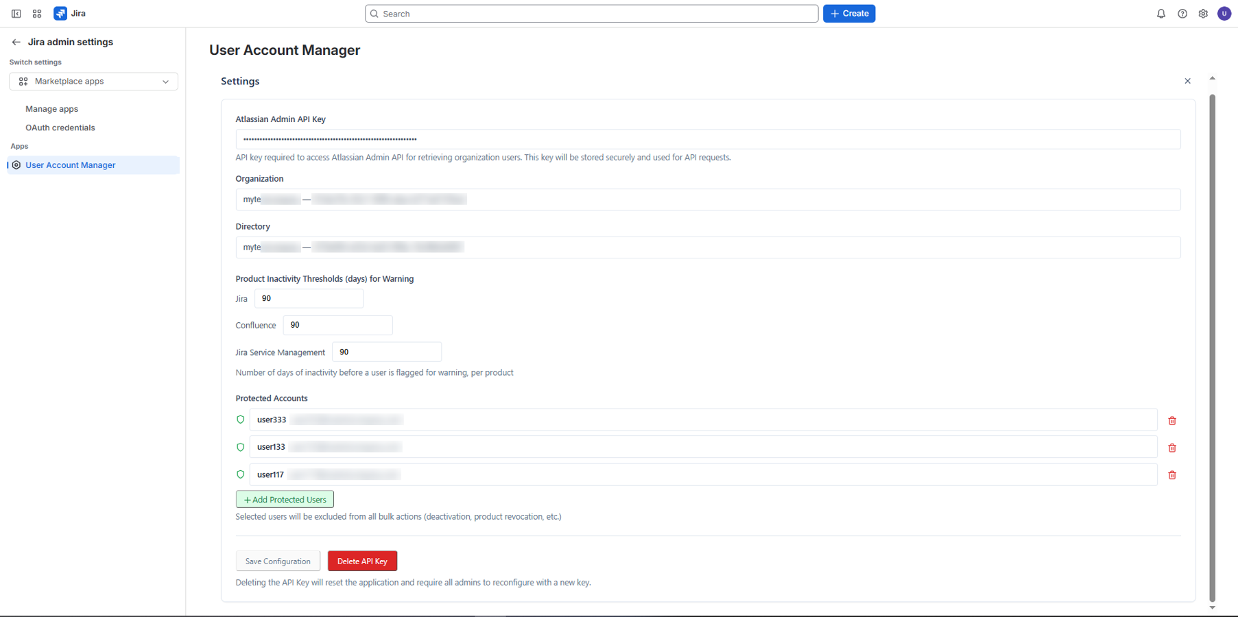 Settings tab showing a masked API key field, organization and directory details, per-app inactivity thresholds for Jira, Confluence, and Jira Service Management, a protected accounts list, and save/delete actions.