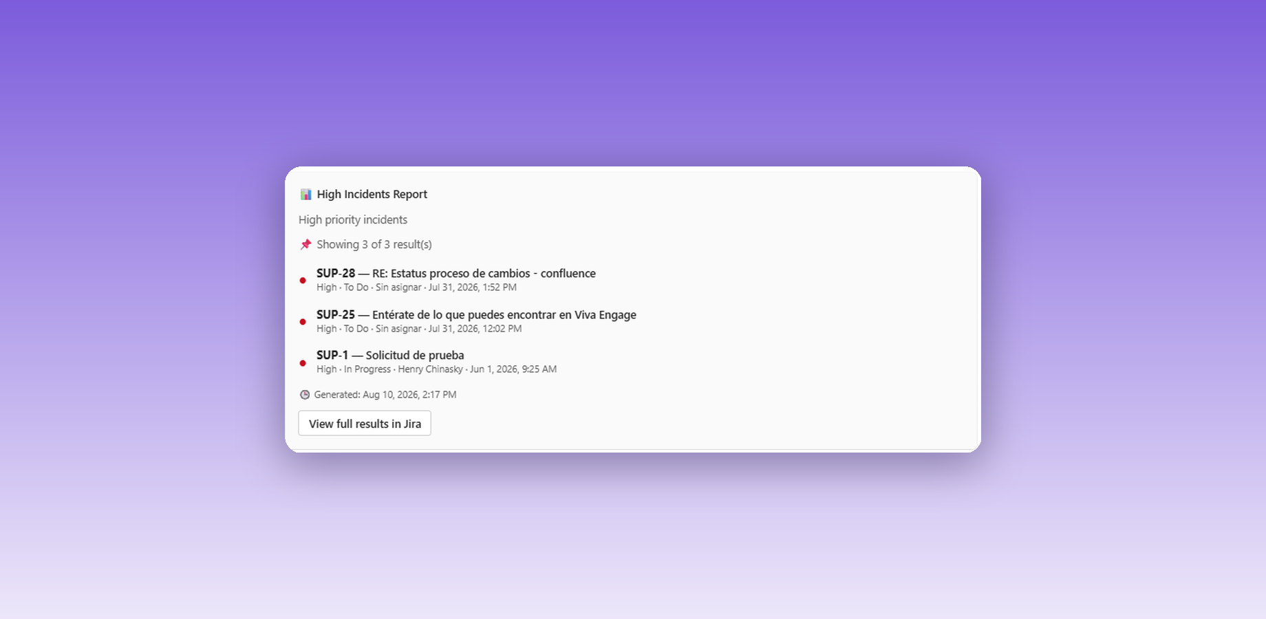 A real digest delivered to Microsoft Teams, showing priority color-coding, assignee, status, and creation date for each issue.