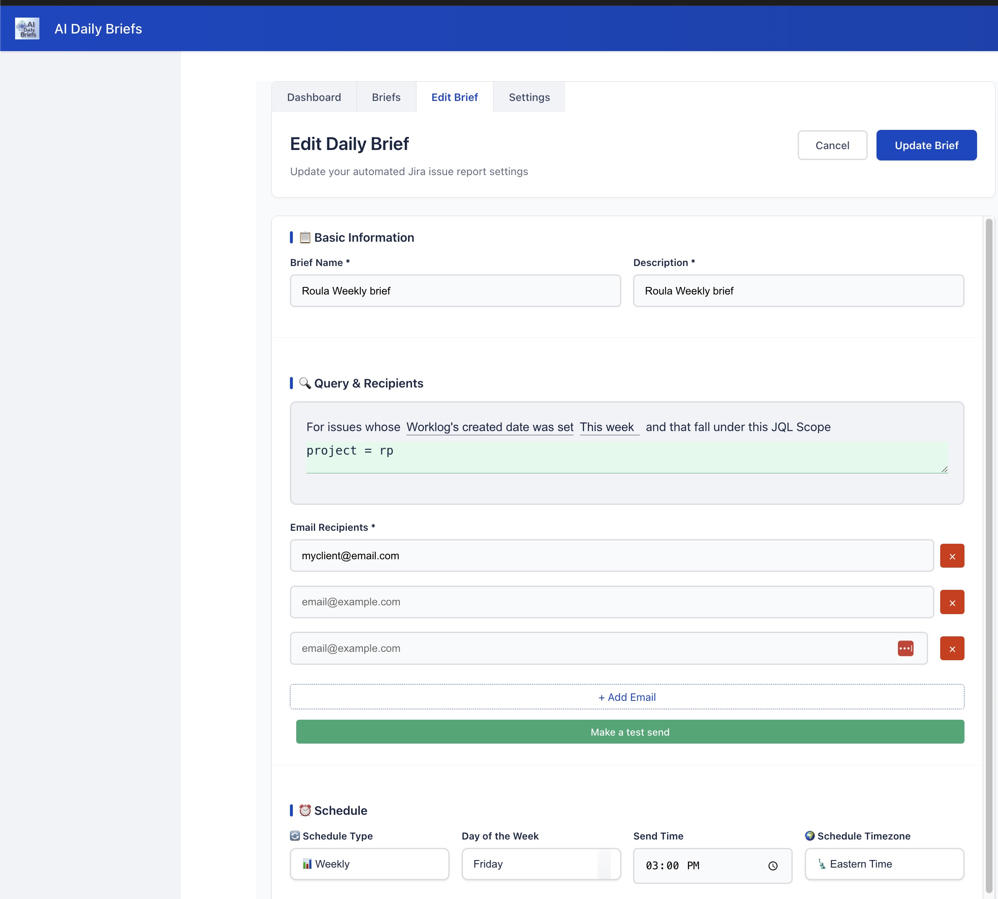 Set up your automated reports with JQL queries, schedules, and recipients