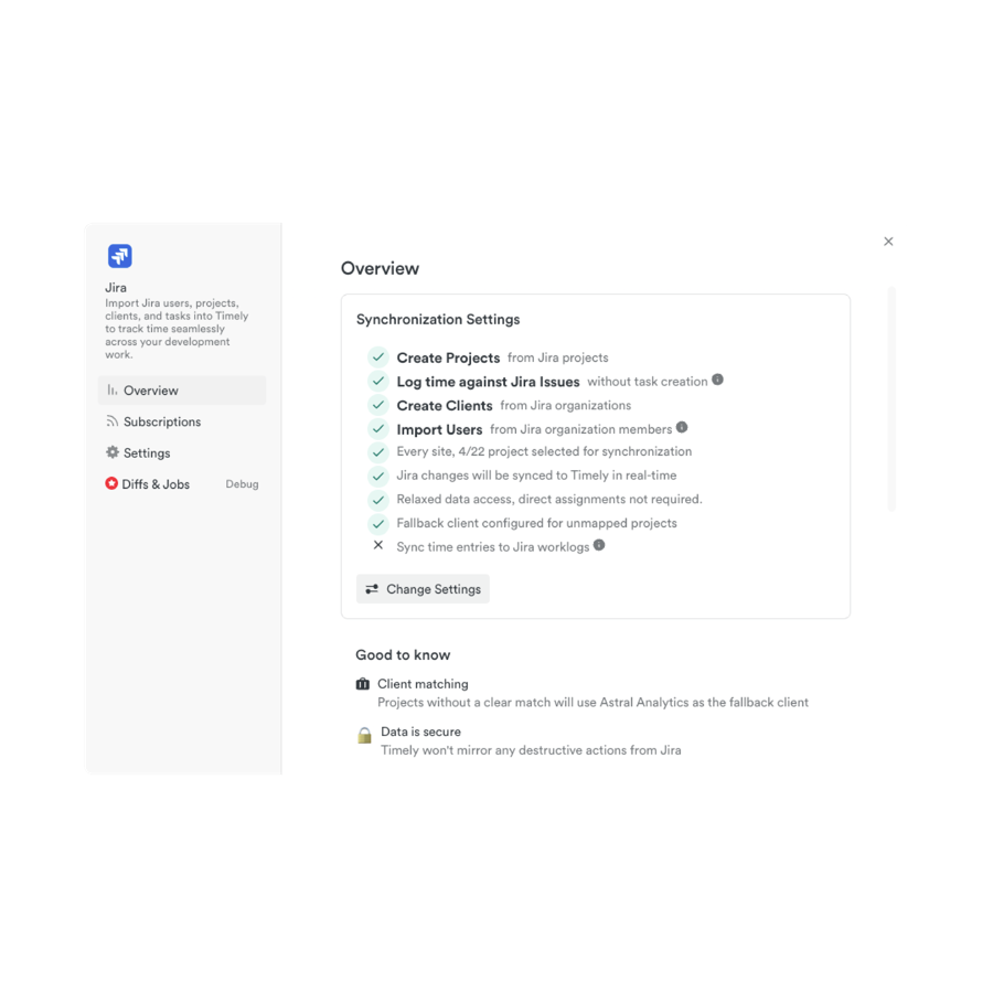 Set up the Jira integration in minutes. Choose which projects and users to sync, and decide if time entries should sync back to Jira as worklogs, all with simple, flexible controls.