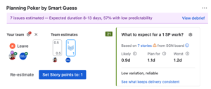 Planning Poker session with real-time team estimates, session debrief banner showing expected duration and predictability, and Issue Insight panel with historical delivery forecasts for the selected story point size.