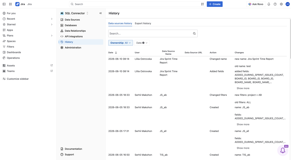 Use Data source history to review changes made to a data source over time, and Export history to monitor export activity.
