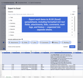Create real XLSX - Excel reports with formatted text, attachments, links, work logs and history - organized into separate sheets in one worksheet.