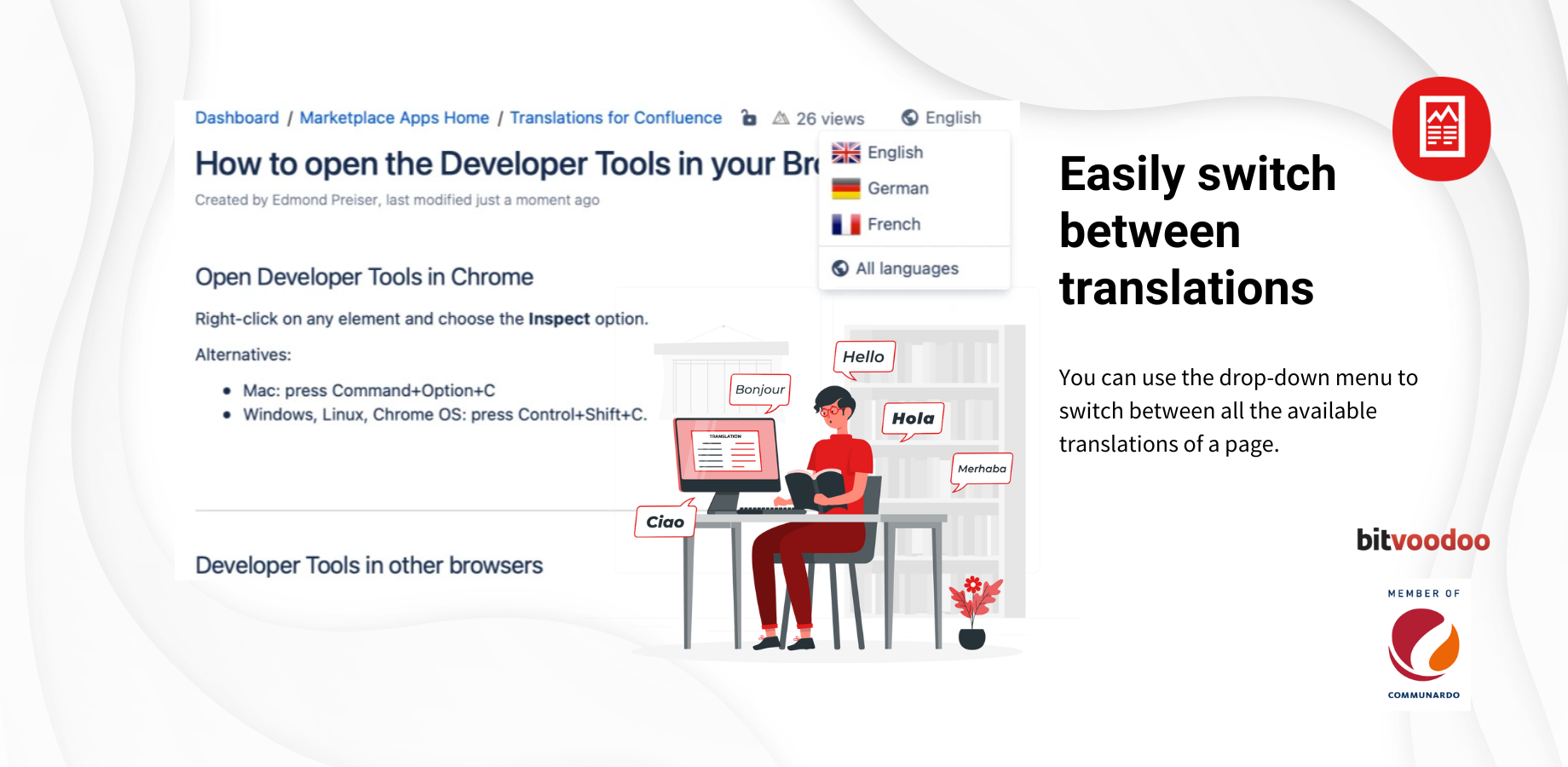 Use the handy drop-down menu to switch between all available languages on your page.