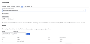 Rates the way an agency keeps them: per client, per project, per person. The most specific one wins, so a project rate overrides the client default without anyone remembering to.