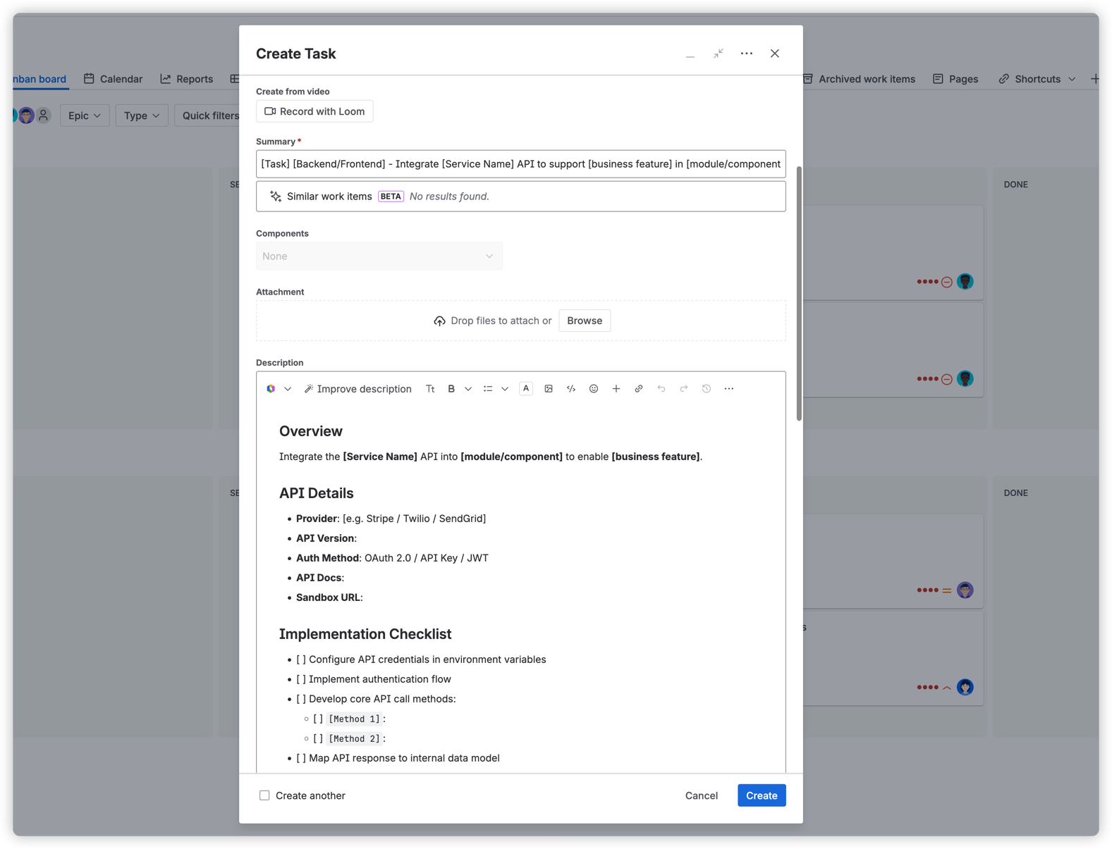 A matching template automatically fills the issue Summary and Description during creation.