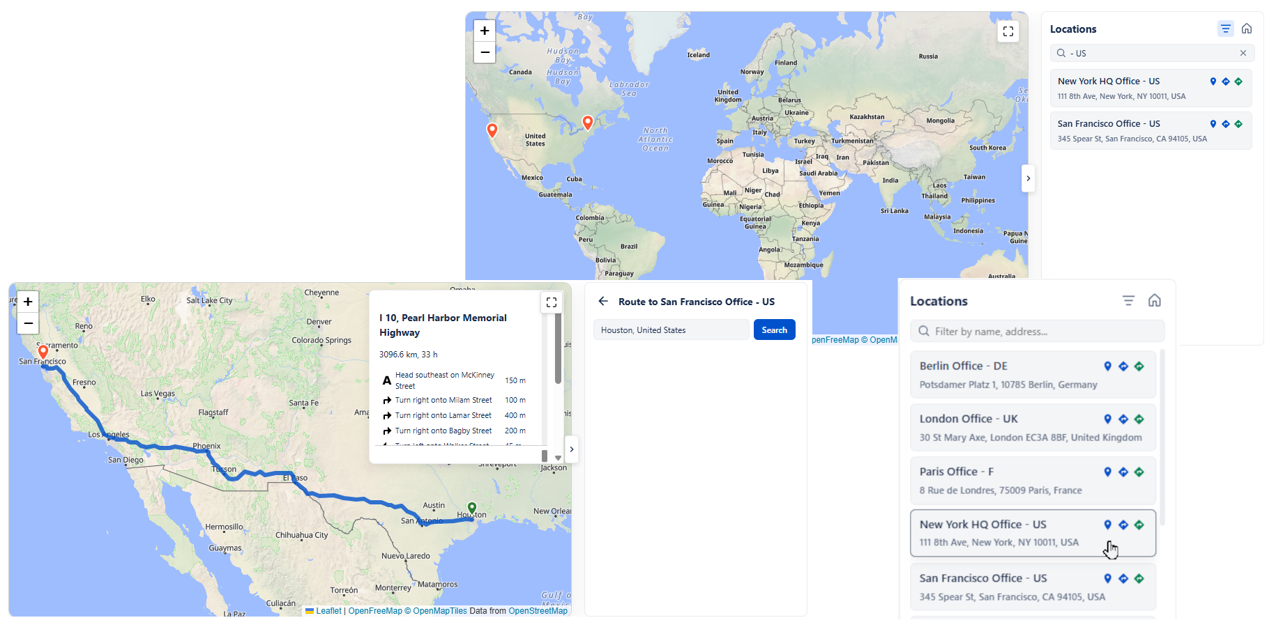 End-users benefit from fullscreen mode, map reset, location search filters, and Google Maps & OSM routing