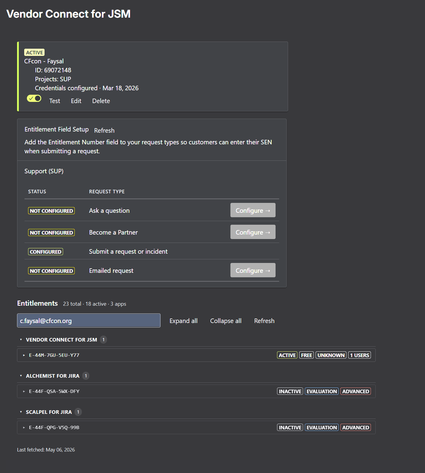 The Vendor Connect admin showing 15 entitlements across 2 apps for a customer email, with company, hosting, site and maintenance dates expanded for triage.