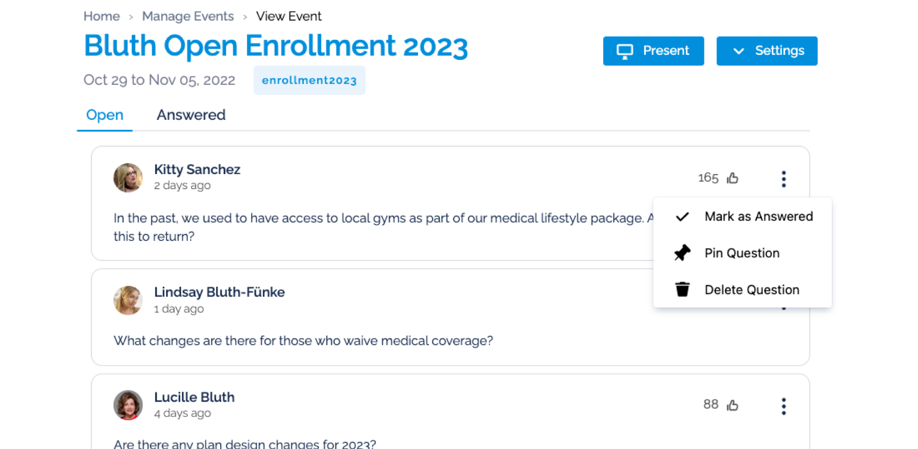 In this screenshot, you can see how Admins can help manage event questions by marking a question as answered, pinning or unpinning a question, or deleting a question.