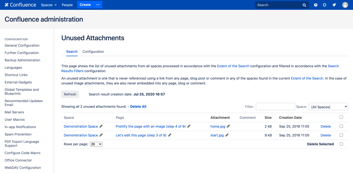 Unused attachments search results.