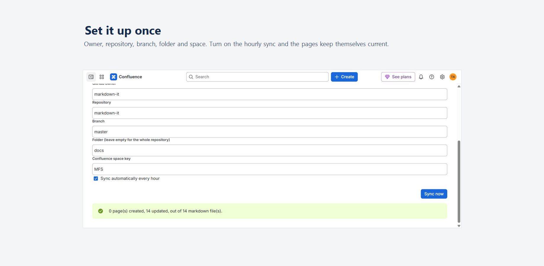 The whole setup with the hourly sync on, reporting 0 pages created and 14 updated