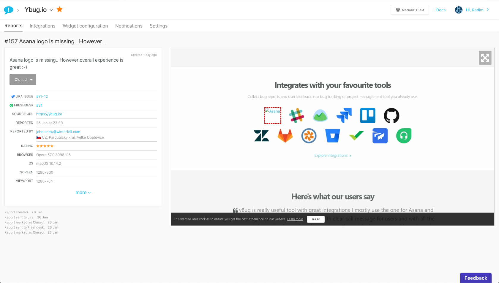 Feedback report in Ybug