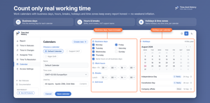 Time in Status excluding weekends and holidays: work calendars set business days, hours, lunch breaks, holidays and time zones, and every report follows them. One calendar per team or region if you need it.