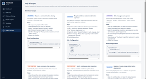 Follow practical recipes for approvals, evidence requirements, comments, webhooks, and controlled deployment workflows.