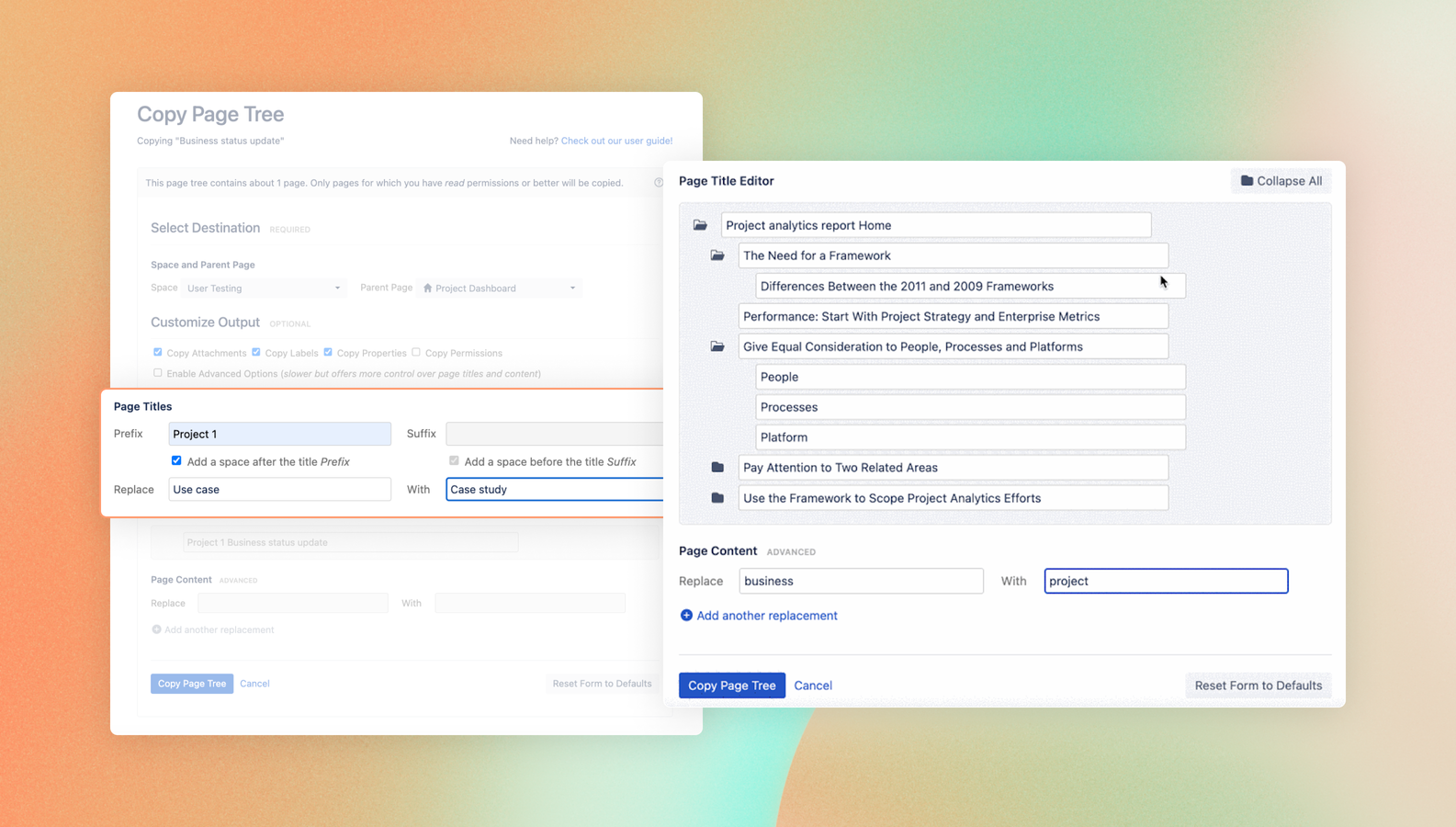 ​Rename your projects by simply replacing the title to have them launch quicker. Leverage the find/replace function to edit and change content while copying the new set of pages.