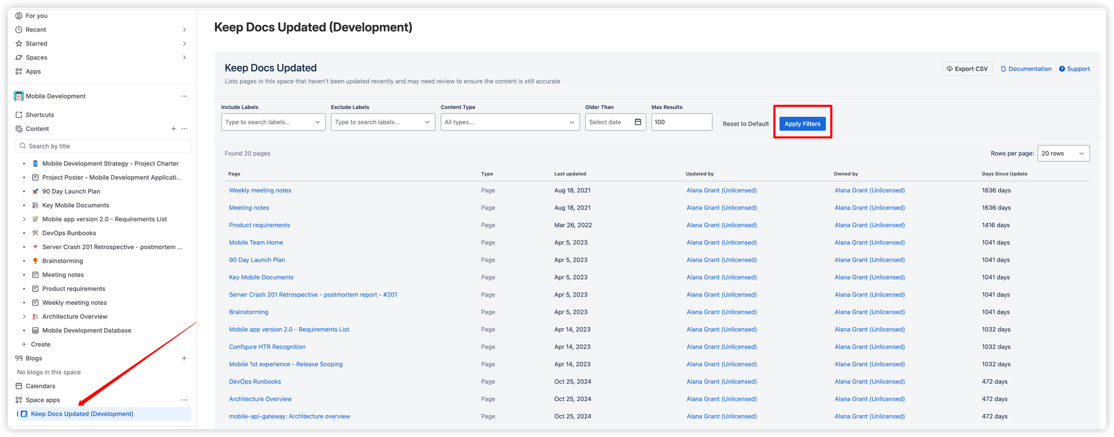 Space Page view showing advanced filters for labels, content types, and date ranges. Results display page details including type, last updated date, ownership, and days since update with export capability.