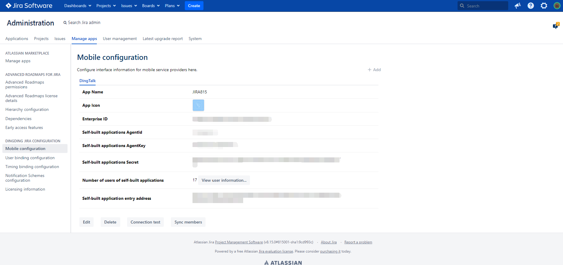 Through mobile terminal configuration, establish the connection between JIRA and DingTalk, test the connection and synchronize DingTalk members.