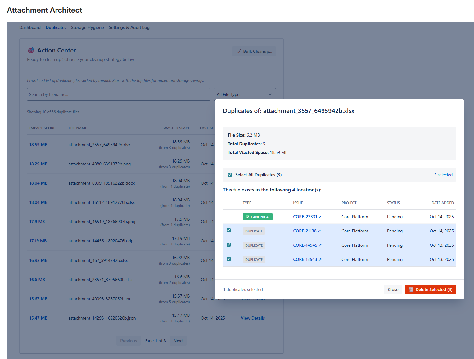 Duplicate details and bulk cleanup with canonical‑aware deletion and a type‑to‑confirm flow. Storage Hygiene highlights logs/dumps/temp/system files for one‑click cleanup.
