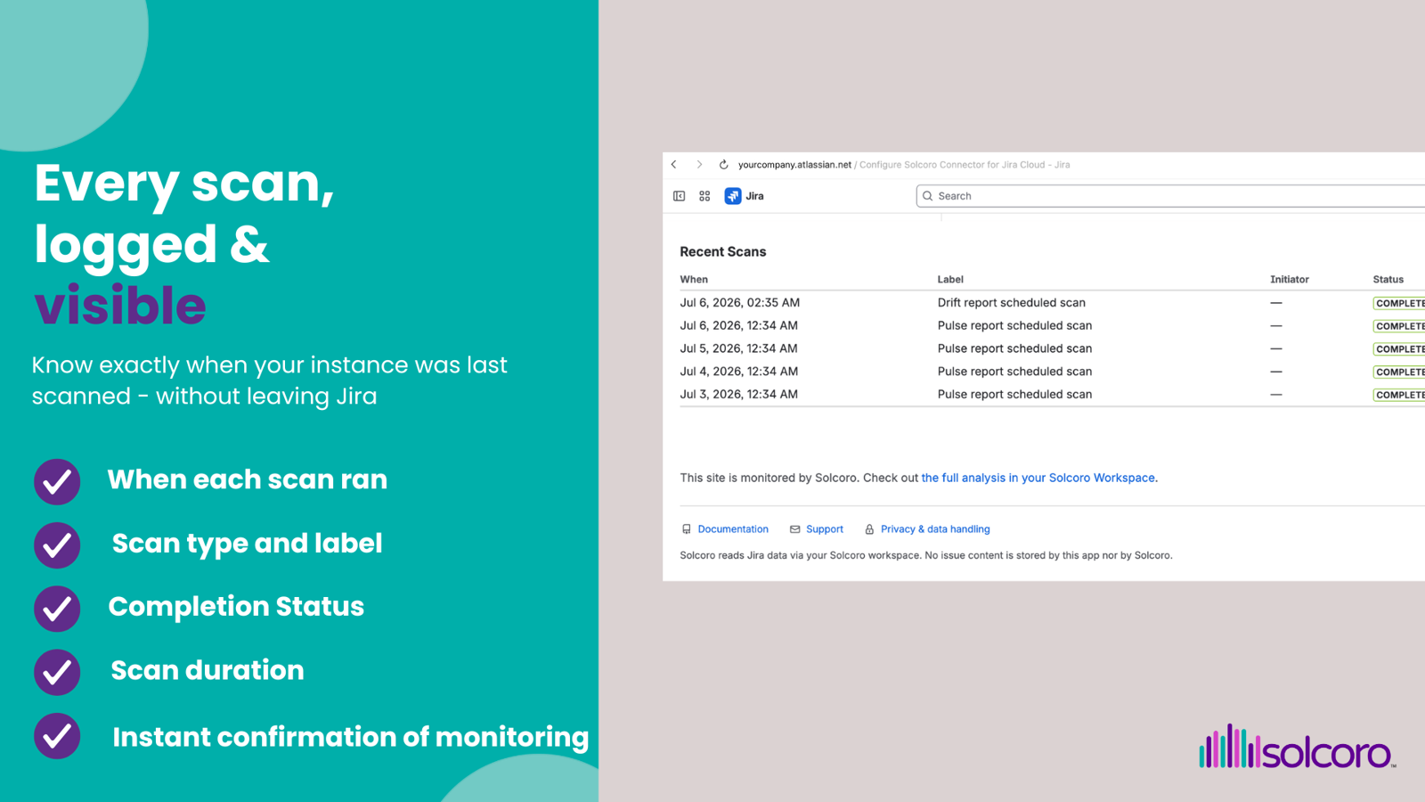 Recent scans table showing scan label, status, and duration, embedded in the Jira dashboard