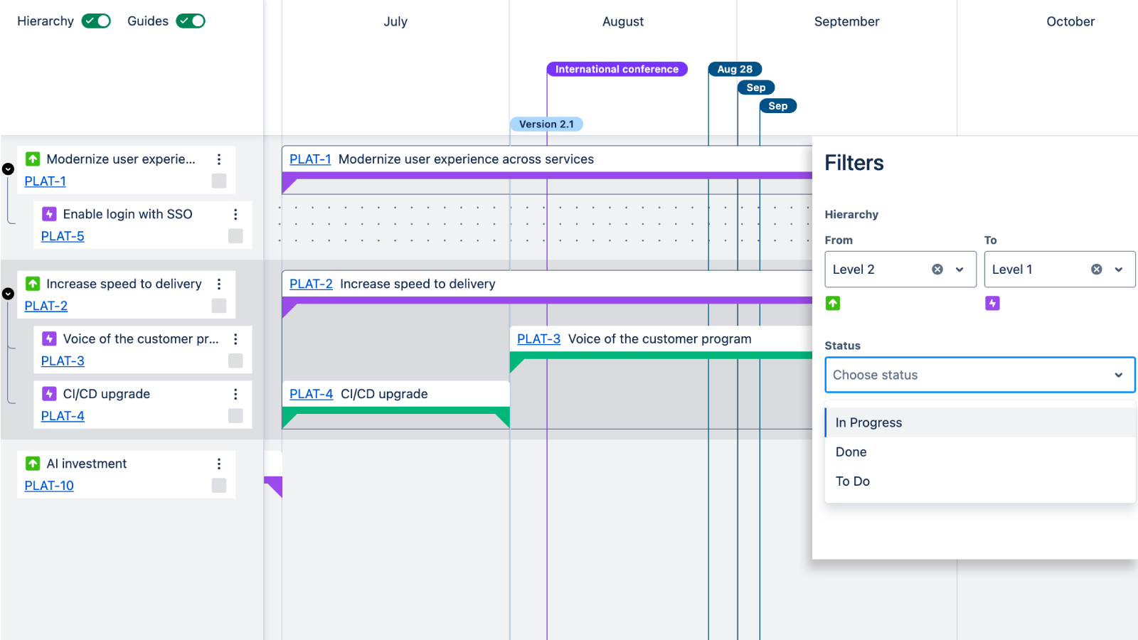 Apply filters to control the level of detail shown on the roadmap, and switch between theme or hierarchical issue views with one click