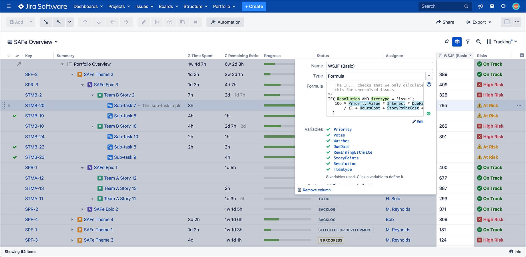 Calculate metrics based on real-time Jira information; sum up values within a few clicks; and group, sort & filter data.