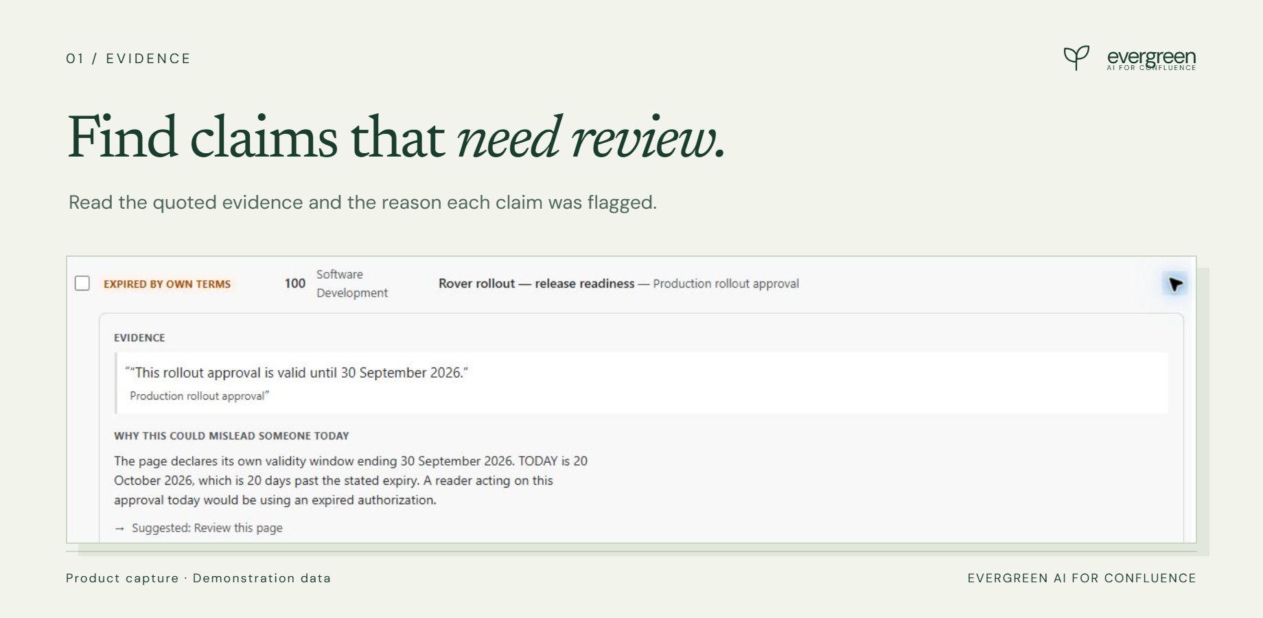 Evidence: every finding quotes the page and states its reasoning.