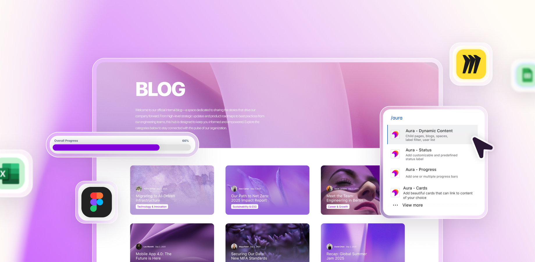 Aura Embed and Dynamic Content macros: Integrate Google Sheets, Excel, Figma, and Miro directly into Confluence. Auto-update news feeds, blog posts, and child pages. Keep your documentation always in sync.