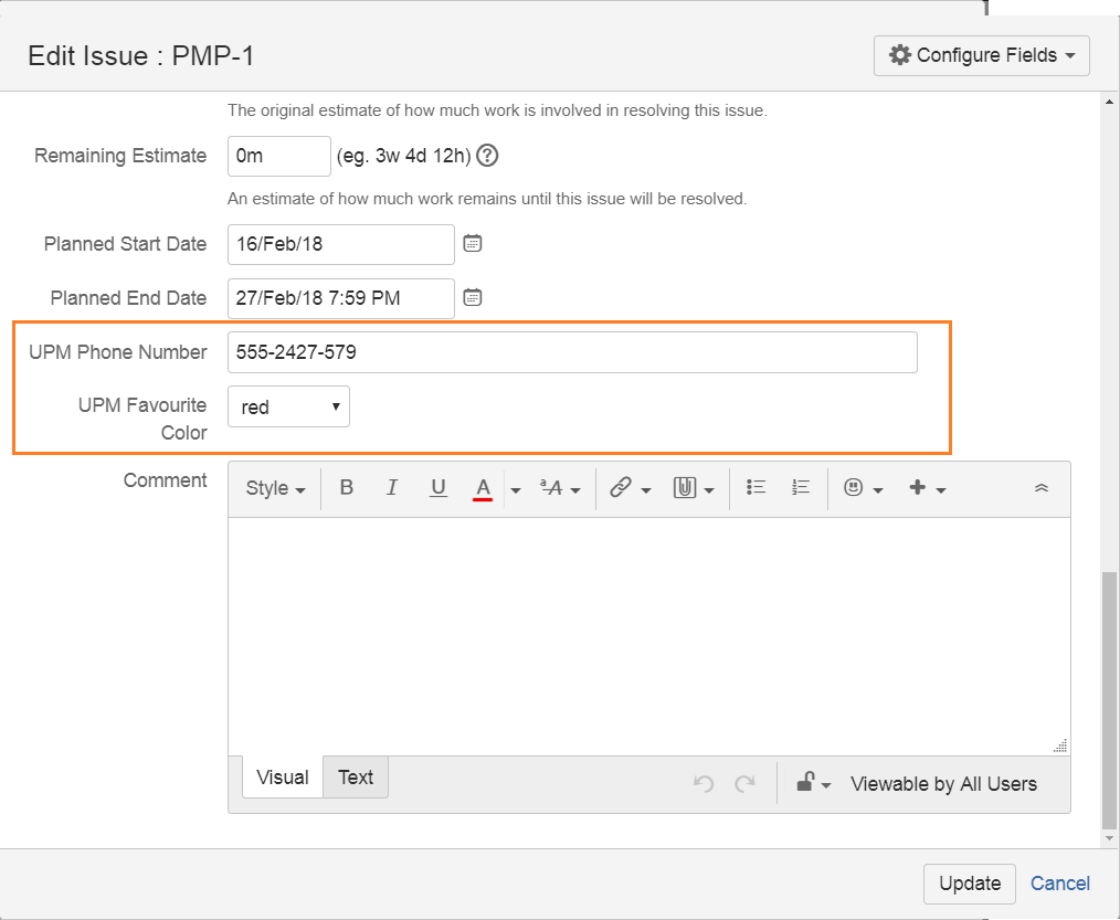Fields to view and edit property values on issues