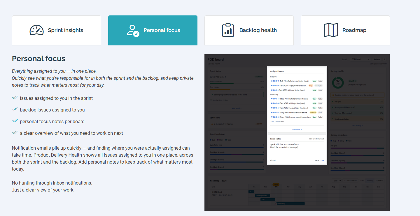 All issues assigned to you in one place — across both the sprint and the backlog. Add personal focus notes to track what matters most for your day