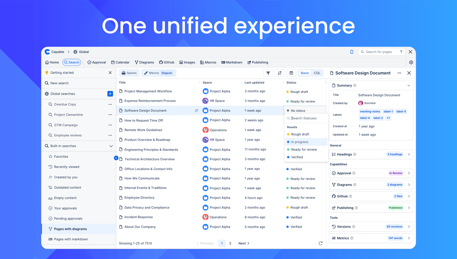 Visualize complex information with over 20 diagram types - create and share visuals. Import and use Markdown for consistent page formatting. Streamline content creation with URL imports and a shared template library.