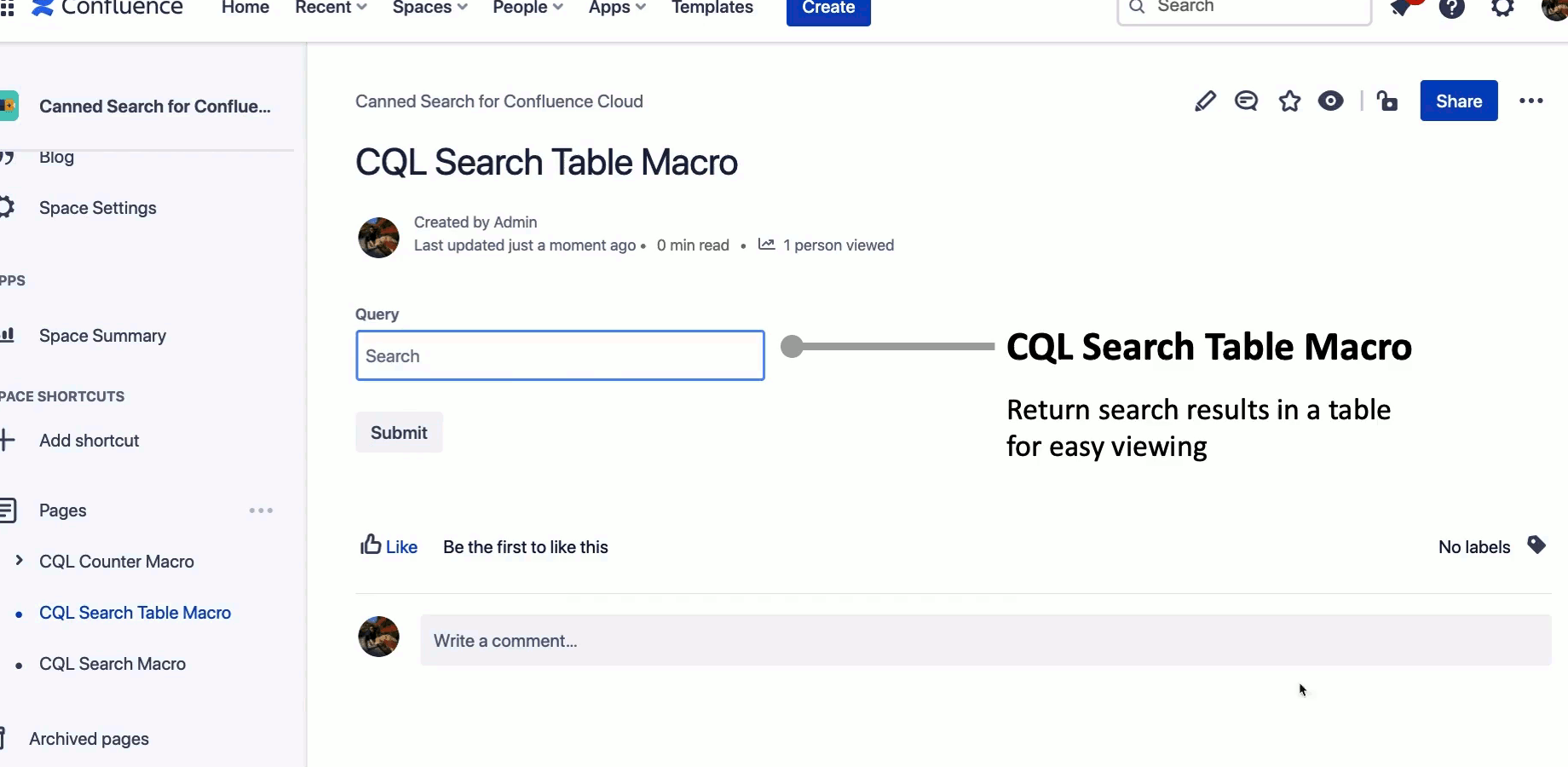 CQL Search Table Macro