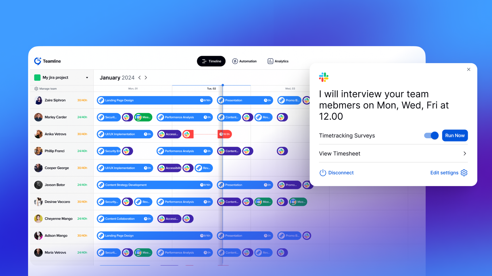 Teamline builds a collaborative timeline from daily team updates and calendar events, showing how project estimates evolve over time to ensure full transparency and improve deadline management.