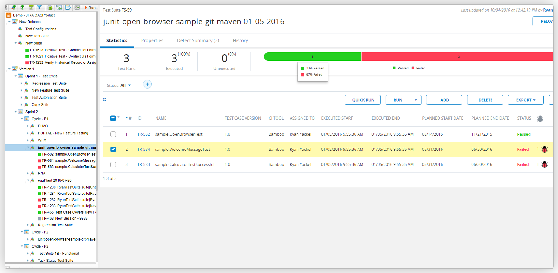 Unit test results are submitted to qTest as Test Runs under a Test Suite.