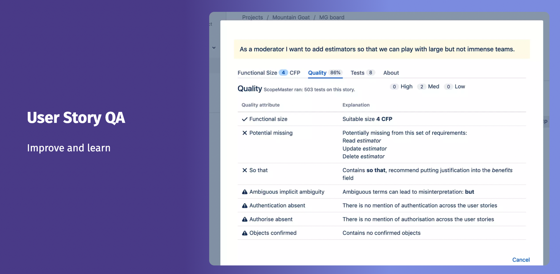 Quality and sizing report at the user story level and at the project level