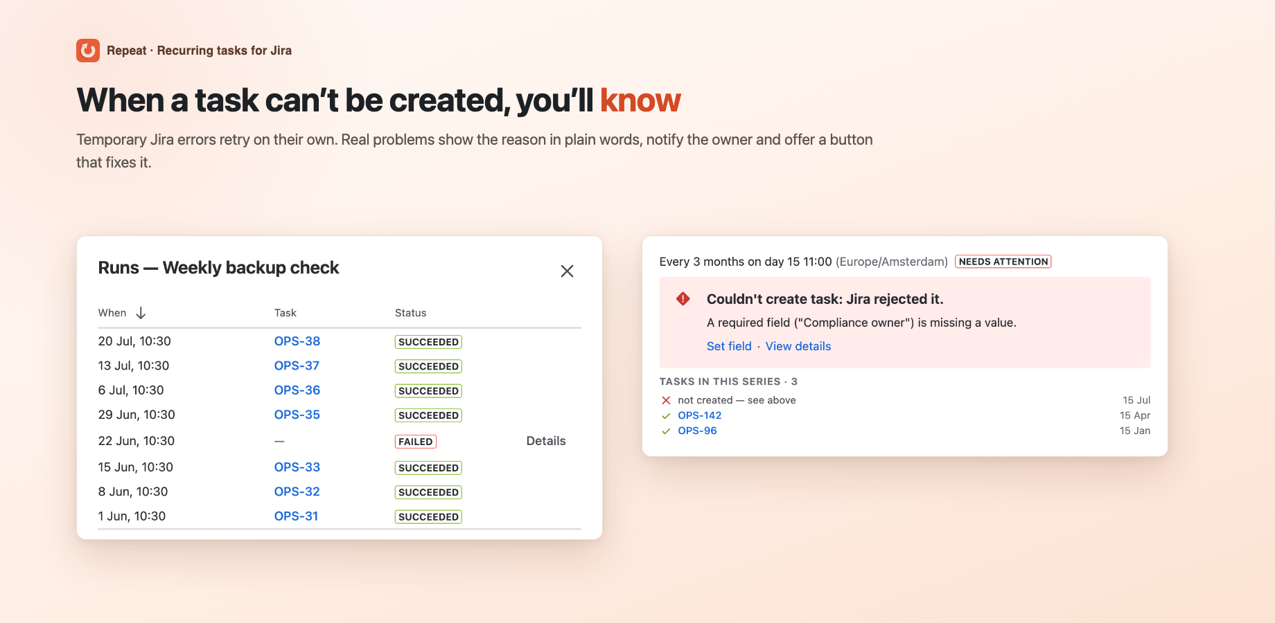 Run history with one failed run, and the panel explaining that a required field was missing.