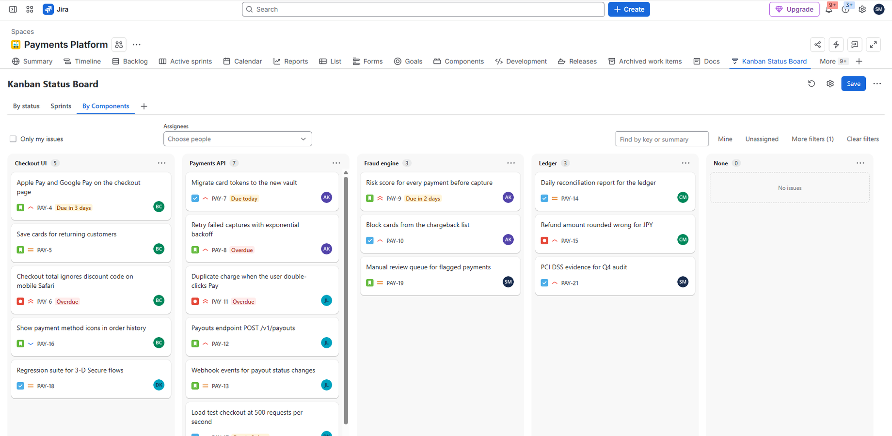 Status, sprint and label boards as tabs — shared with the whole project.