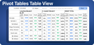 View worklog data in pivot tables. Group and summarize time entries by project, user, period, or custom fields.